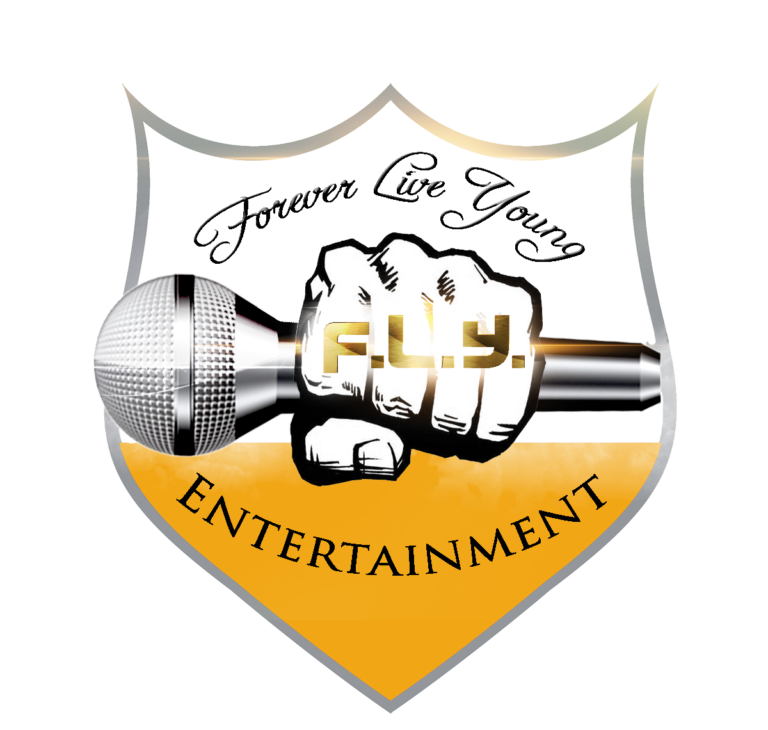 Forever Live Young Entertainment Logo shows a fist holding out a microphone FLY written across fingers a sheild in the background with organization name