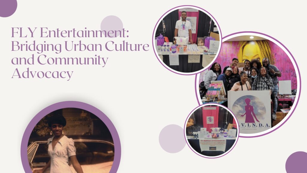 A promotional graphic titled "FLY Entertainment: Bridging Urban Culture and Community Advocacy." The left side features the title in elegant lavender text. On the right, there are four circular photos: the largest shows a smiling woman in a white dress (Levinda H. Bullock) standing beside a vintage car; the other three show community outreach scenes including a man at an information booth, a group of people gathered for a photo in front of a large pink display with the acronym V.I.N.D.A., and another booth setup. The overall design uses shades of lilac, purple, and white to emphasize community empowerment and cultural advocacy.