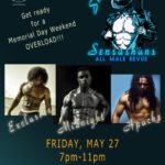 Flyer for Smitten Sensations all-male revue event on May 27, featuring a Memorial Day weekend party with live art, happy hour, and performances benefiting women’s cancer awareness.