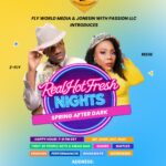 Event flyer for RealHotFresh Nights: Spring After Dark hosted by FLY World Media and Jonesin With Passion LLC, featuring performers Z-FLY and Reese, at Essence Bar and Grill, 1662 Atlantic Ave, Brooklyn NY on April 16, 2026 at 7PM EST